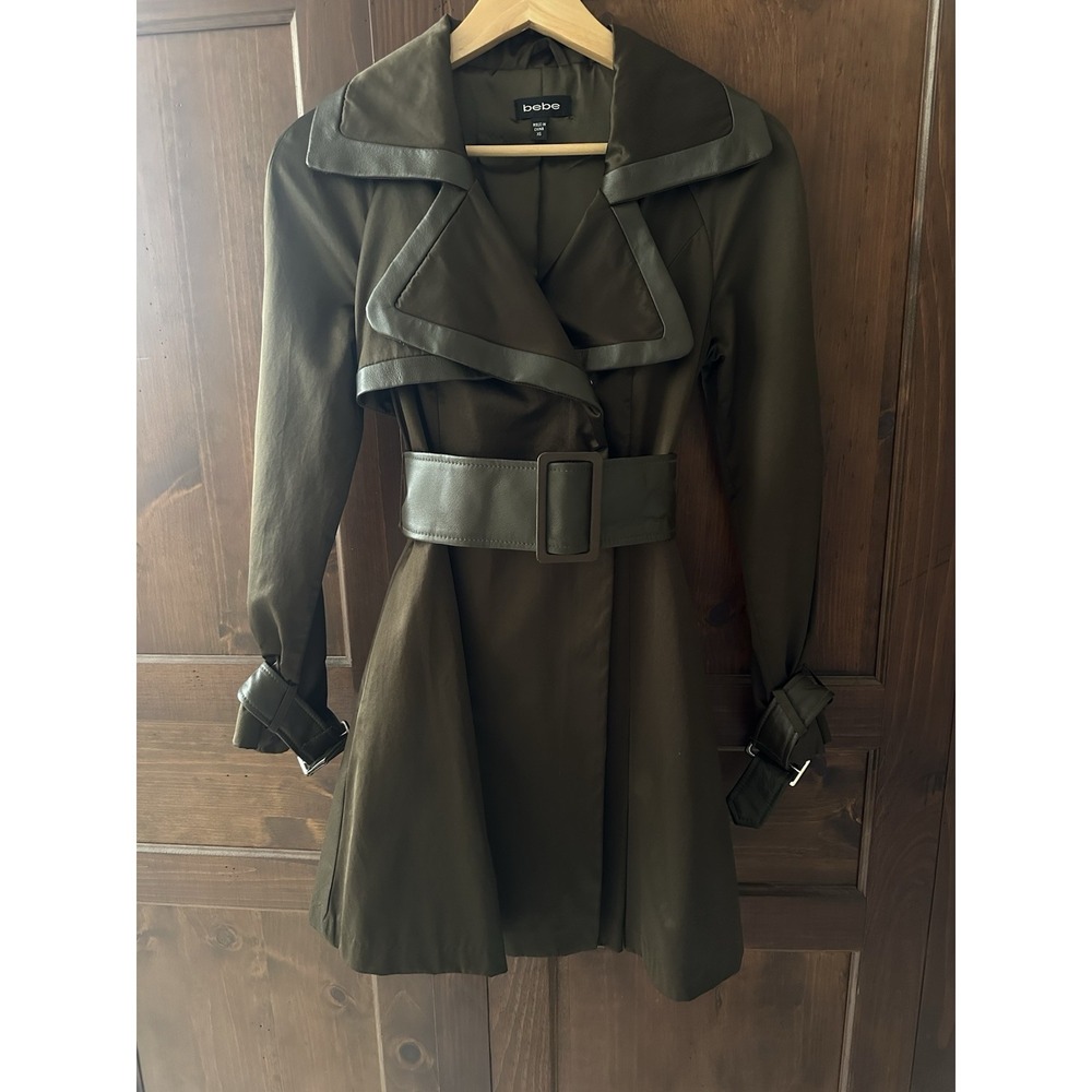 Vintage Bebe leather trimmed jacket brown XS Belt Pleated XS Coat Y2K Rare